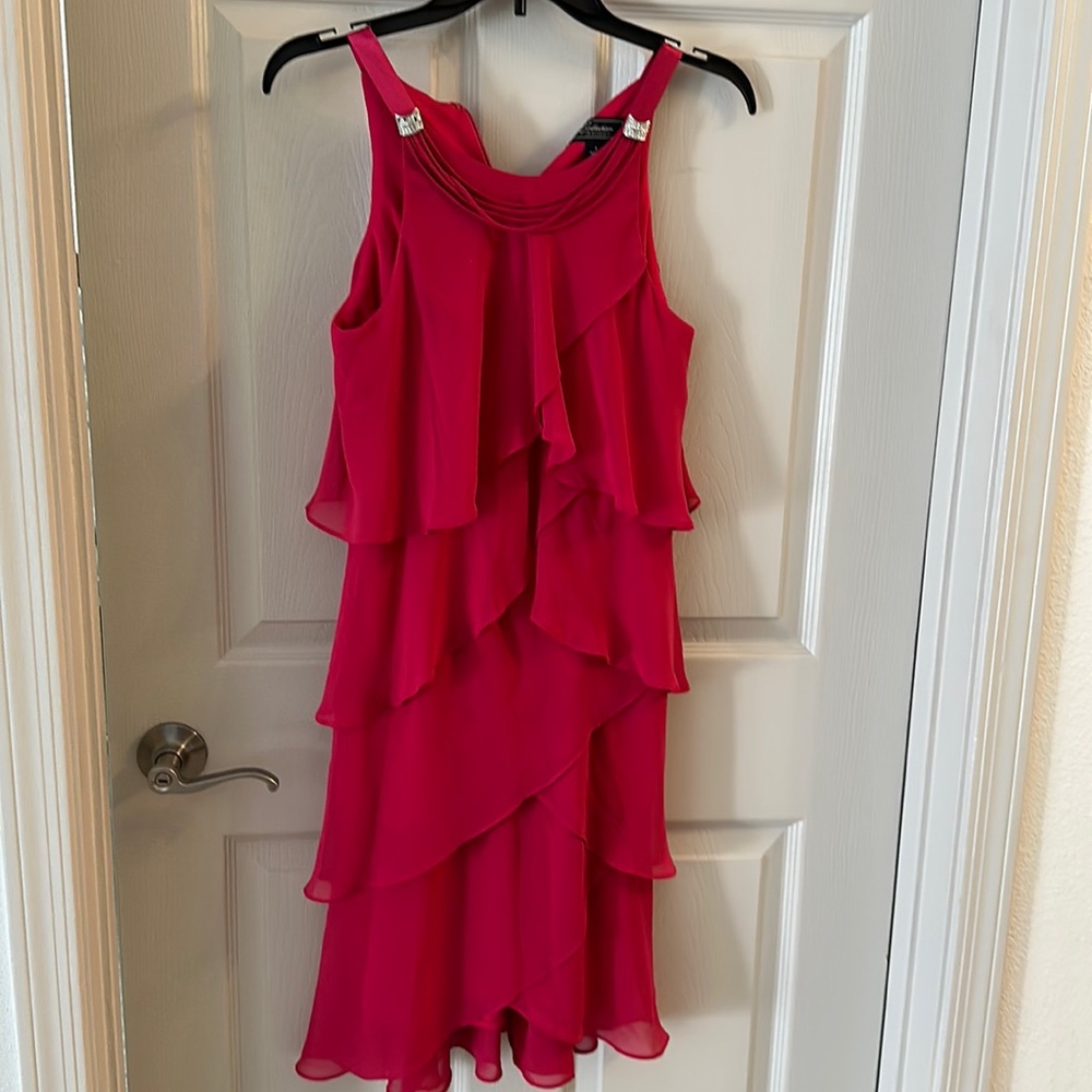Pink formal dress.  Rhinestone detail on shoulders.